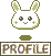 Pixelated bunny head with light green ears and cheeks, brown eyes, small smile, four-dot nose, positioned above 'PROFILE' text on gray background.