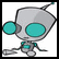 Animated contact sheet showing three frames of a cartoon robot character with turquoise eyes and gray body, alongside text reading "GIR LOVES BUNNY".