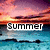 Pixelated sunset scene with gradient sky transitioning from purple to orange over blue water, featuring a white rectangular banner displaying the word 'Summer' in bold black letters.