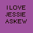Purple background with pixelated text "I LOVE JESSIE ASKEW" in dark brown, varying exclamation marks and blue lettering on 'LOVE' across six