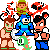Pixel art featuring four distinct characters: a green-hatted elf-like figure, a blue-armored robot, a brown-haired man with green eyes, and a black-haired man in a white shirt, all rendered in 8-bit style with red and black motion effects.