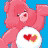 Pixelated pink Care Bear with heart emblem on chest against blue background, displaying text about love and determination.