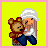 Pixel art icon of a blonde woman with long hair wearing a white headscarf and shirt, holding a brown teddy bear against a bright yellow background with pink border.