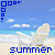Animated beach scene with white lounge chairs on sand under blue sky, text 'summer' in blue below each chair