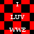 Red and black checkered background with white text "I LUV WWE" repeated in a pattern, transitioning from square to diamond-shaped