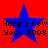 Red background with four blue stars and black text reading "Happy New Year 2008" in pixelated font.