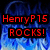 Red text on blue flame background with black outlines, displaying 'HenryP15 ROCKS! AND RULES!' across four