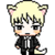Pixel art character with blonde hair, cat ears, and a black suit in six expressions including closed eyes and open mouth.