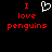 Red pixelated text 'I love penguins' on black background with white heart symbol above 'love'.