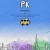 Pixelated blue background with 'PK' text above a small vehicle icon and purple-green landscape below.