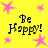 Yellow background with pink stars and four identical 'Be Happy!' text blocks in black pixelated font arranged in a