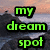 Green text 'my dream spot' overlaid on a coastal landscape with rocky outcrops and a sunset sky, transitioning to a version without text.
