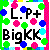 Pixelated icon with black text 'L.P+' and 'BigKK' on white background, surrounded by colorful pixel clusters in green, blue, pink, cyan.