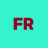 Red 'FR' letters on cyan background with pixelated edges and slight color bleeding.