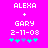 Pixelated text and symbols on a bright pink background with two identical static frames showing 'ALEXA + GARY 2-11-08' above five small icons.