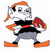Pixelated character with orange hair, black shirt, gray pants, and orange shoes holding a red object against white background.