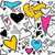 Pixelated static image of multiple heart-shaped icons in blue, yellow, black, and pink on a gray-and-white checkered background.