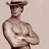 Static pixelated icon of a shirtless male figure with crossed arms wearing a dark hat against a light background.