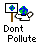 Pixel art icon with a sign, hand holding globe, and text reading 'Don't Pollute' on gray background.