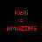 Four display red pixelated text 'Kelli = AMAZING' on black backgrounds with white rectangular overlays in different positions