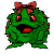 Green pixelated character with red eyes and bow, mouth open, red dots on body, text below changes from J to JO to JOL to JOLL to JOLLY.