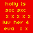 Red background with yellow pixelated text repeating 'holly is sxc sxc xxxxx luv her 4 eva xx' across three , one gray rectangle at bottom right