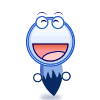 Blue cartoon character with round head, glasses, and open mouth showing pink tongue; body shaped like a pen tip with two circular side elements.