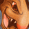 Animated cartoon creature with brown fur, red eyes, and pink inner mouth features; text overlays warn against scammers.