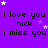 Purple background with repeated text "i love you nick" and "i miss you" in black pixelated font, scattered white and light purple stars.