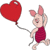 Pixelated cartoon pig in red dress holding large red heart-shaped balloon against gray background.