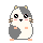 Pixel art hamster with gray and white fur, pink cheeks, brown whiskers, and orange feet on a gray background.