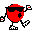 Red circular character with black sunglasses, white shoes, and red-and-white props in various poses against gray background.
