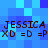 Blue pixelated background with repeated text "JESSICA" and "XD =D =P" in dark brown font across two