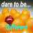 A pixelated image of a flower with orange petals and a red center, overlaid with text reading "dare to be..." at the top and "Different" in varying colors below.