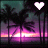 Pixelated sunset scene with palm trees and a heart symbol, transitioning from white to pink.