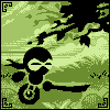 Pixel art of a ninja figure on a motorcycle against a green camouflage background with black corner symbols.