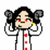 Pixelated character with black hair, red eyes, and a white outfit featuring three red squares on the chest.
