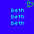 Blue background with cyan text 'beth' repeated six times in two and a green pixelated heart symbol above the left
