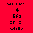 Pixelated text 'soccer 4 life or a while' appears in four distinct color variations across a