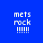 Blue background with white pixelated text 'mets rock' and six exclamation marks, overlaid by orange horizontal bars in different positions across four views.