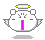 Pixelated white angel icon with yellow halo, pink eyes, purple mouth, and gray wings on light gray background.