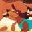 Pixelated cartoon dog in mid-air jump with open mouth, wearing teal shorts against warm orange background.
