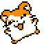 Pixel art hamster with orange and white fur, black eyes, and a small nose in various poses on gray background.