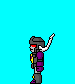 Pixel art character in purple and gray armor with red eyes and white horns, shown in multiple poses against a bright blue background.