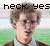 Pixelated static image of a person with brown hair wearing a light-colored shirt against a green and white background, overlaid with black pixelated text reading "heck yes".