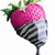 A strawberry-shaped object with pink top and black-and-white striped lower half, green leaves on top, appears in three positions against white background.