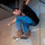 Animated sequence showing a person in blue clothing performing skateboarding actions with text appearing incrementally across frames.