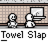 Animated contact sheet showing 9 frames of a pixel art animation featuring stick figures performing towel slaps against a grid-patterned background with repeated text "Towel Slap" below each frame.