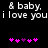 & baby. i love you text with pink and purple heart symbols on black background.