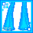 Pixel art of six showing a character in blue pants, pink sash, and patterned top with text "Summer is here" and "Let's Party!" on white backgrounds
